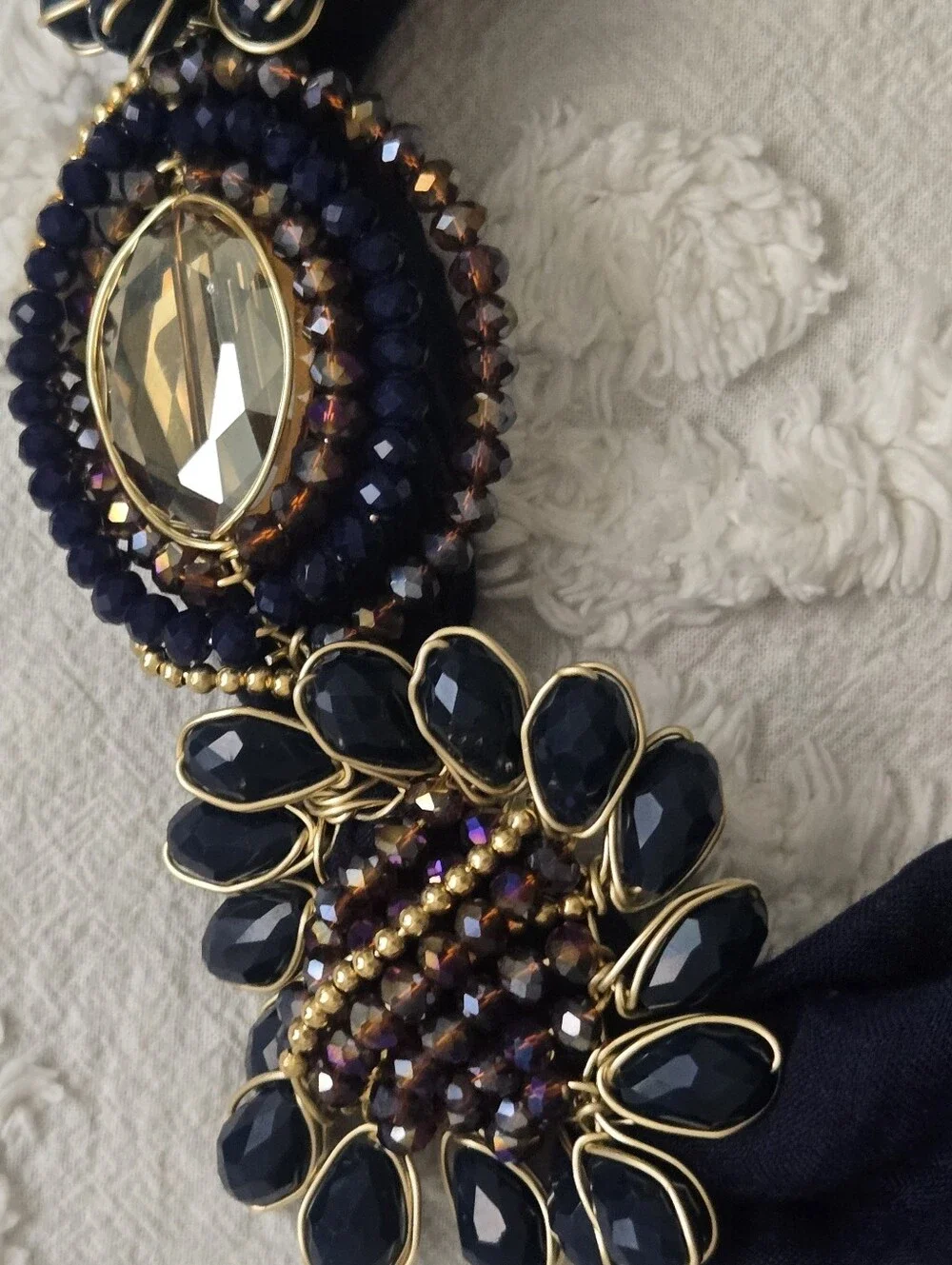 Vtg 80s 90s Flowy Faceted Jewel Embellished Neck Scarf, Party, Formal, Navy